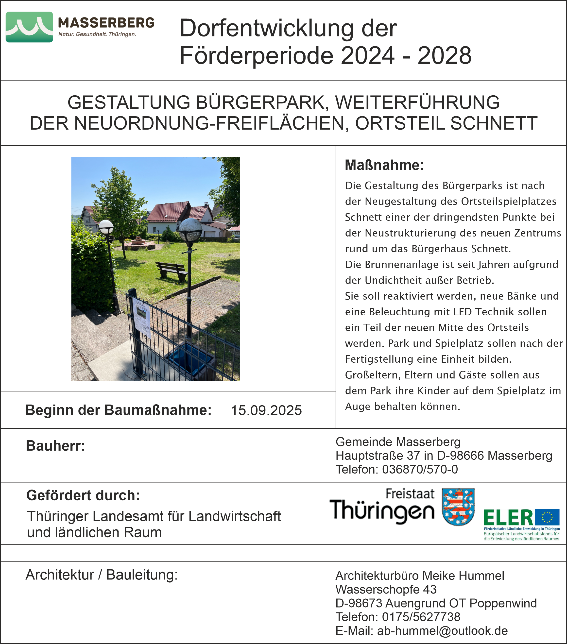 Maßnahmenbeschreibung DE Maßnahme Gestaltung Bürgerpark Ortsteil Schnett